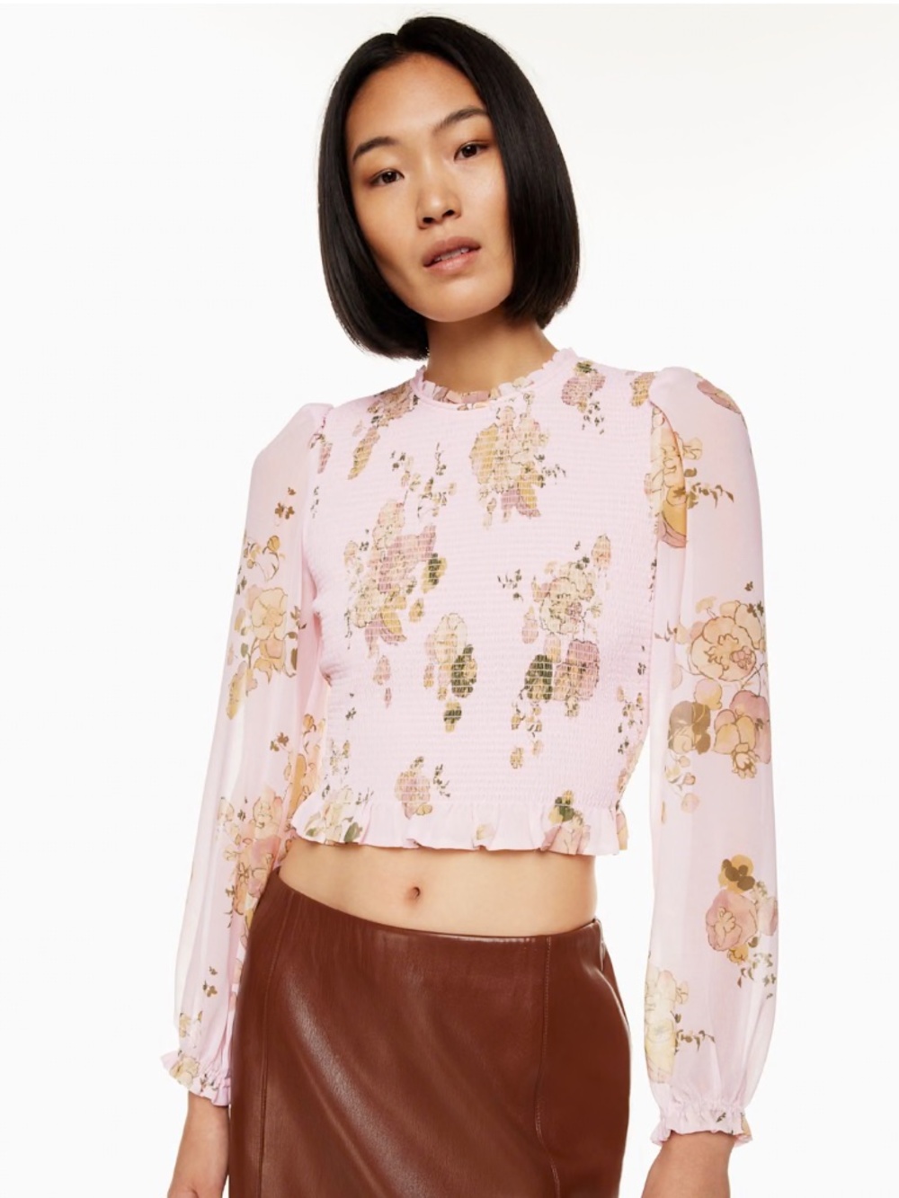 $138 Aritzia Wilfred Tempest Blouse Women's Size Small Pink Floral Smocked Top